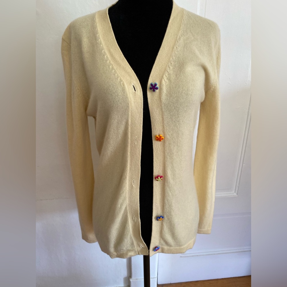 Butter Yellow Cashmere Cardigan Sweater with Colorful Flower Buttons. Size M.